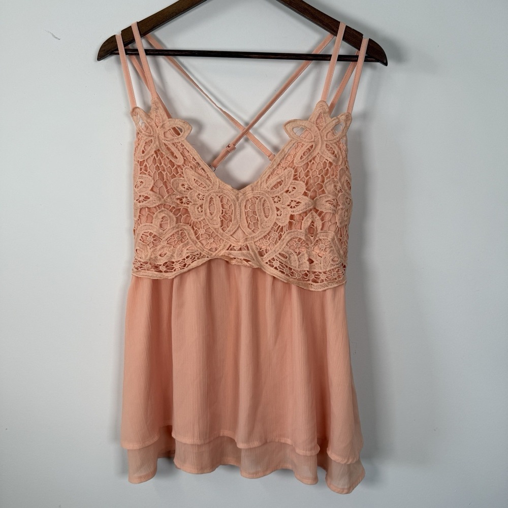Feager Tank Sleeveless Peach Lace Ruffle Babydoll Size Large Casual Summer
